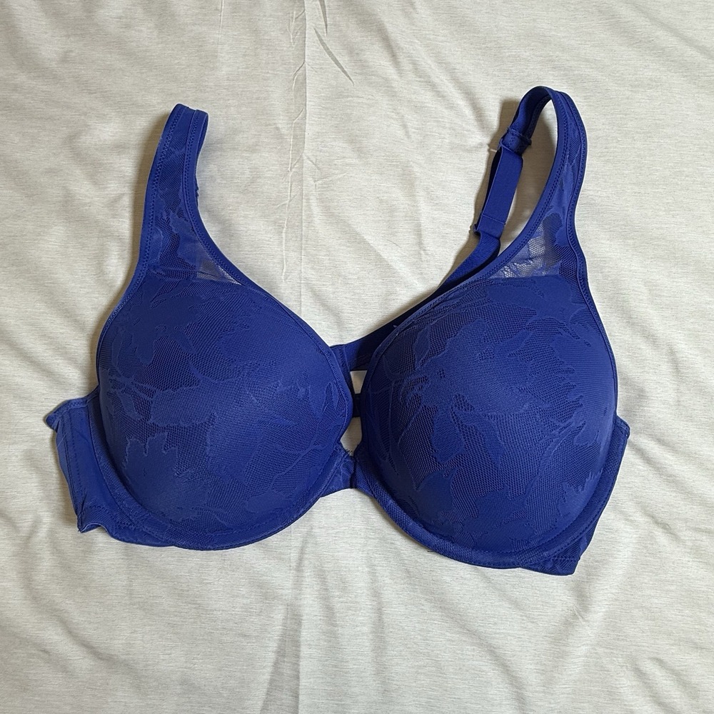 Cacique Bra Women 40DD Full Coverage Lace Lightly Lined Spandex Blue Floral